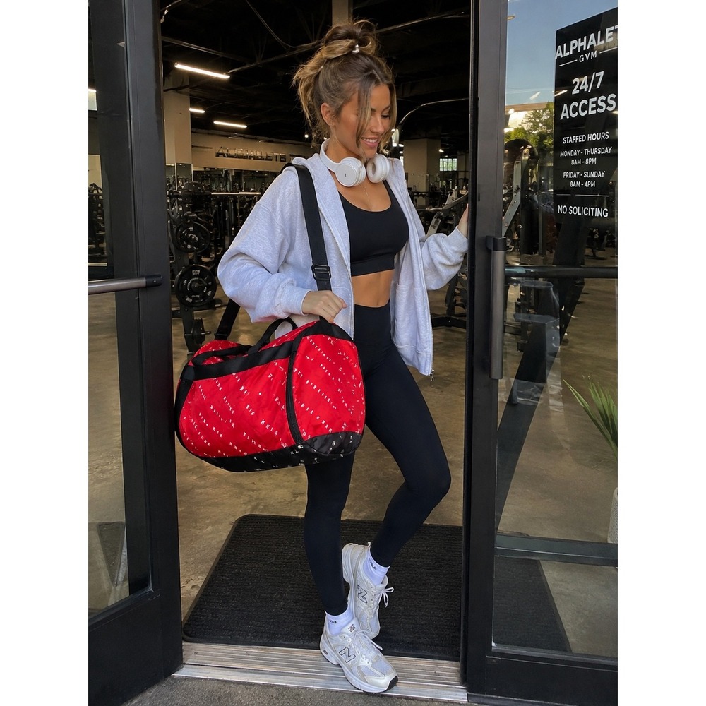 Victoria's Secret PINK Red Black Logo Packable Nylon Duffel Gym Bag